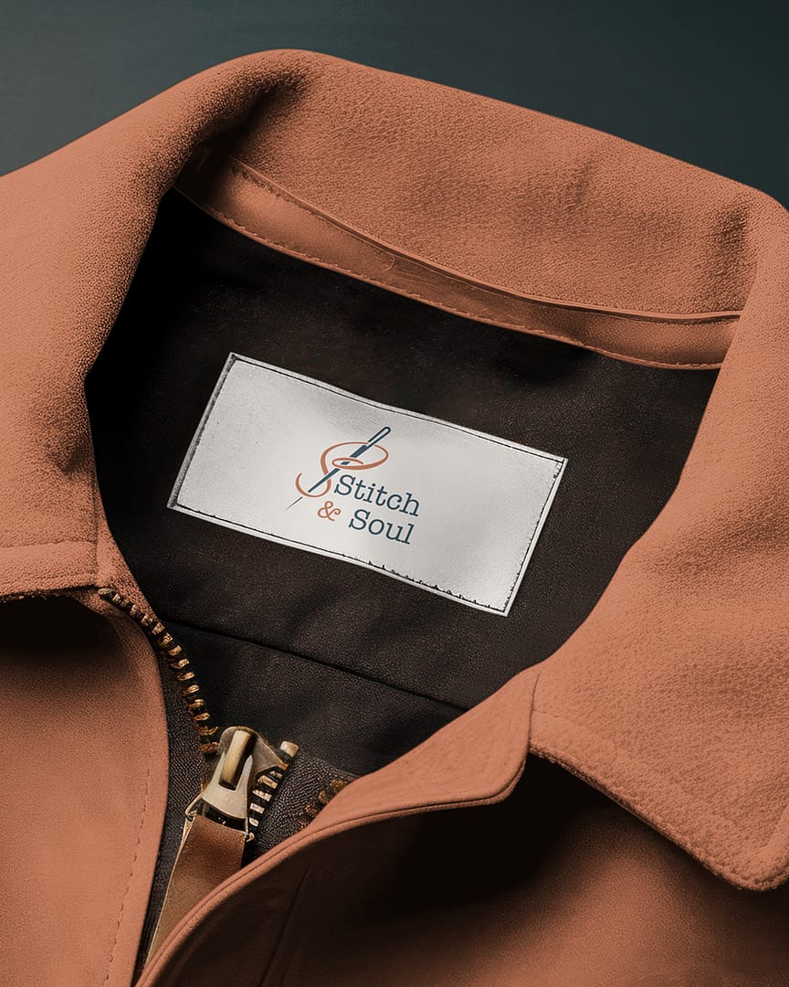 a képen egy kabát belső címkéje látható, melyen a Stichand Soul márka logója látszik